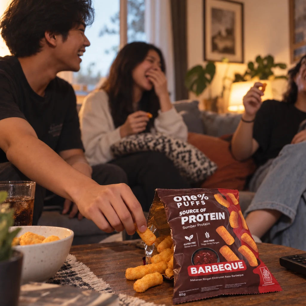 Friends laughing on the sofa, reaching into a bag of Barbeque Superpuffs